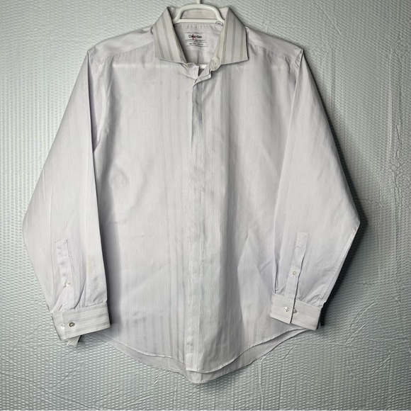 Calvin Klein Slim Fit Dress Shirt White with Grey Stripes Size 18 34/35 - Picture 1 of 4